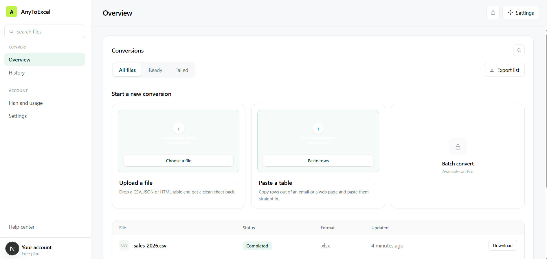 لوحة تحكم AnyToExcel وتظهر فيها عمليات التحويل الأخيرة